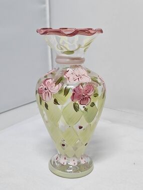 Vintage Tracey Porter Hand-Painted Glass Vase with Pink Floral Design
